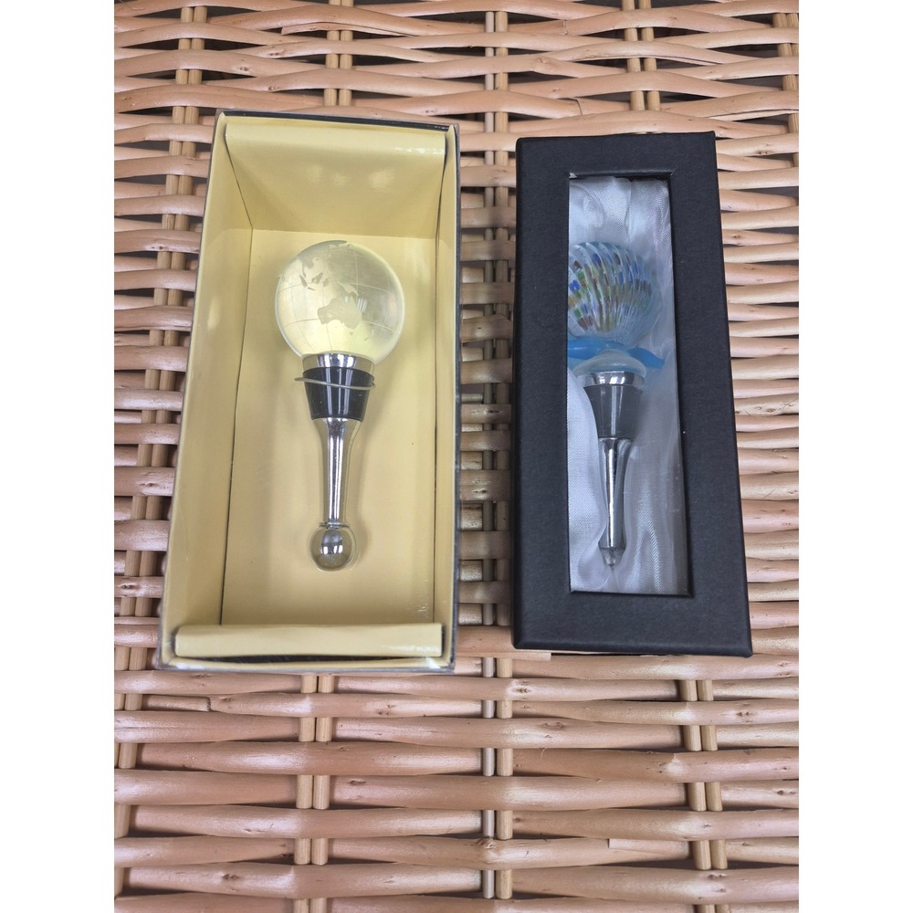 Set of 2 Glass Wine Stoppers Etched Globe & Colorful Seashell Barware Gift Boxes